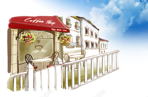 手绘卡通咖啡厅吊兰背景素材背景