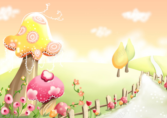 手绘幼儿园插画乡间小路蘑菇房子背景