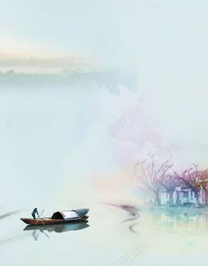 清新渔船小河淡蓝色背景素材背景