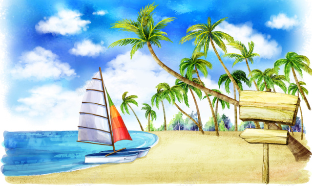 手绘幼儿园插画沙滩帆船路标棕榈背景