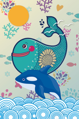 手绘淡雅中国风格样式海上鱼跃设计主题海报背景
