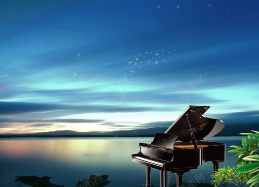 唯美傍晚蓝天钢琴海报背景模板背景