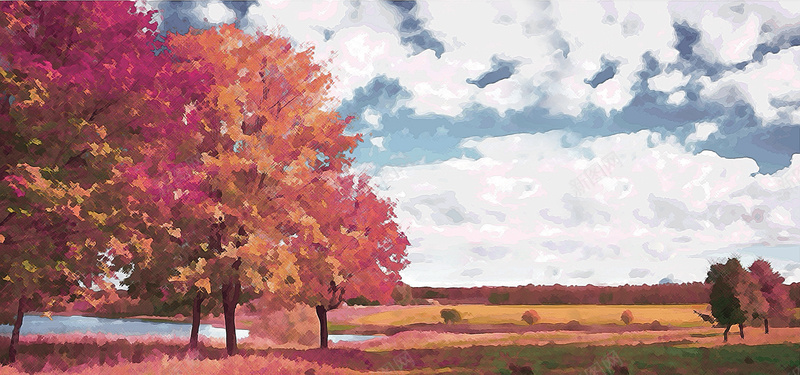 手绘秋天景色树木天空云彩背景背景