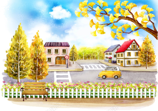 手绘幼儿园插画房屋大树蓝天篱笆背景