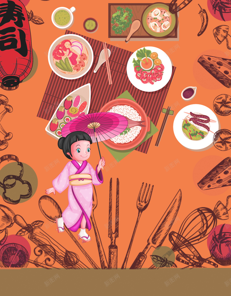 手绘卡通日式餐厅广告jpg设计背景_88icon https://88icon.com 小女孩 卡通 可爱 手绘 美食 日式 餐厅 广告