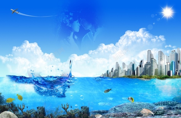 滨海城市飞机起飞的现代科技感图片背景