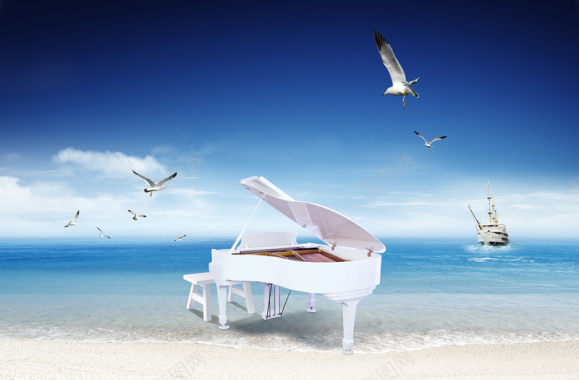 沙滩海鸥钢琴帆船印刷背景背景