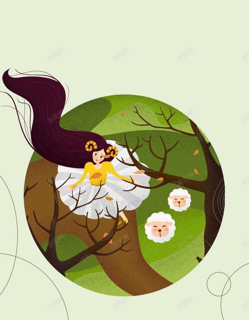 十二星座白羊座原创插画psd设计背景_88icon https://88icon.com 十二星座白羊座 十二星座 星座 树林 羊 白羊座女孩 唯美插画女孩 树木 女孩 性格 唯美风 月