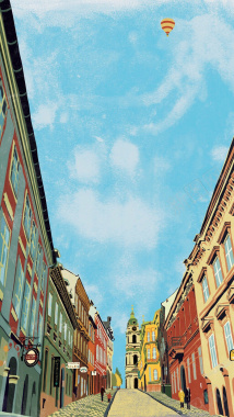 街道画面插画背景蓝色天空背景H5背景背景