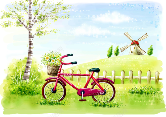 手绘幼儿园插画风车白桦自行车背景