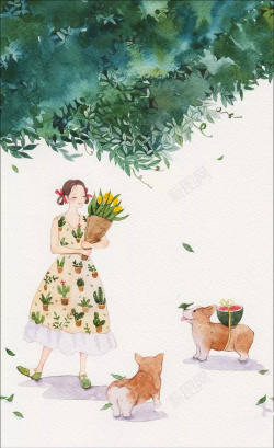 小狗裙子绿荫下的少女海报设计高清图片