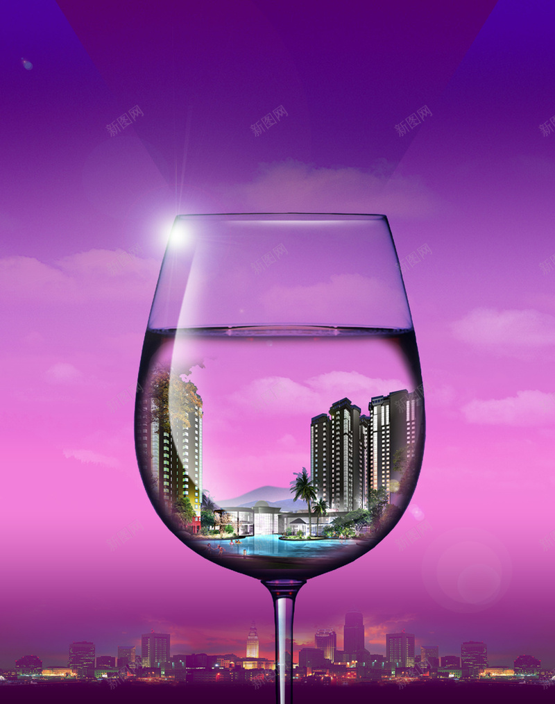 酒杯上的建筑psd设计背景_88icon https://88icon.com 地产 建筑 深沉 紫色 酒杯 科技 科幻 商务