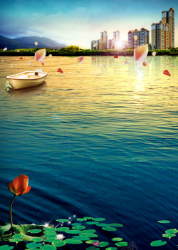 水岸广告水岸小船地产广告背景高清图片