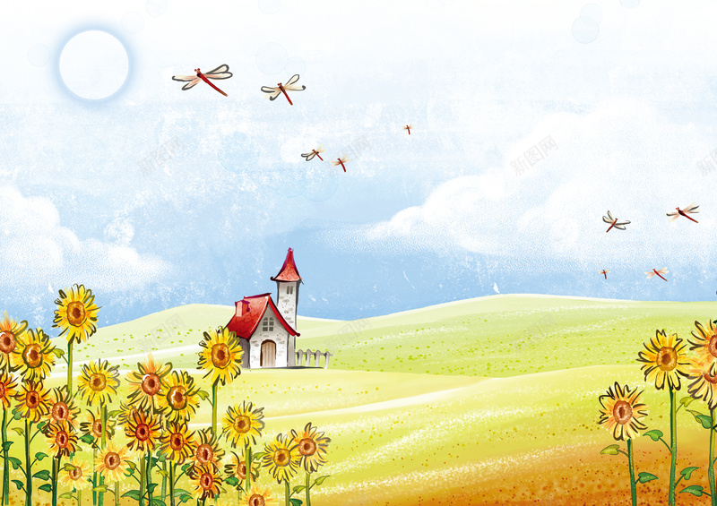 儿童向日葵插画背景素材psd设计背景_88icon https://88icon.com 儿童插画 儿童海报 插画 白色 草地 房子 风景 小房子 自然景观 背景 素材