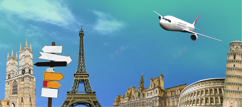 环球旅行建筑飞机背景banner背景