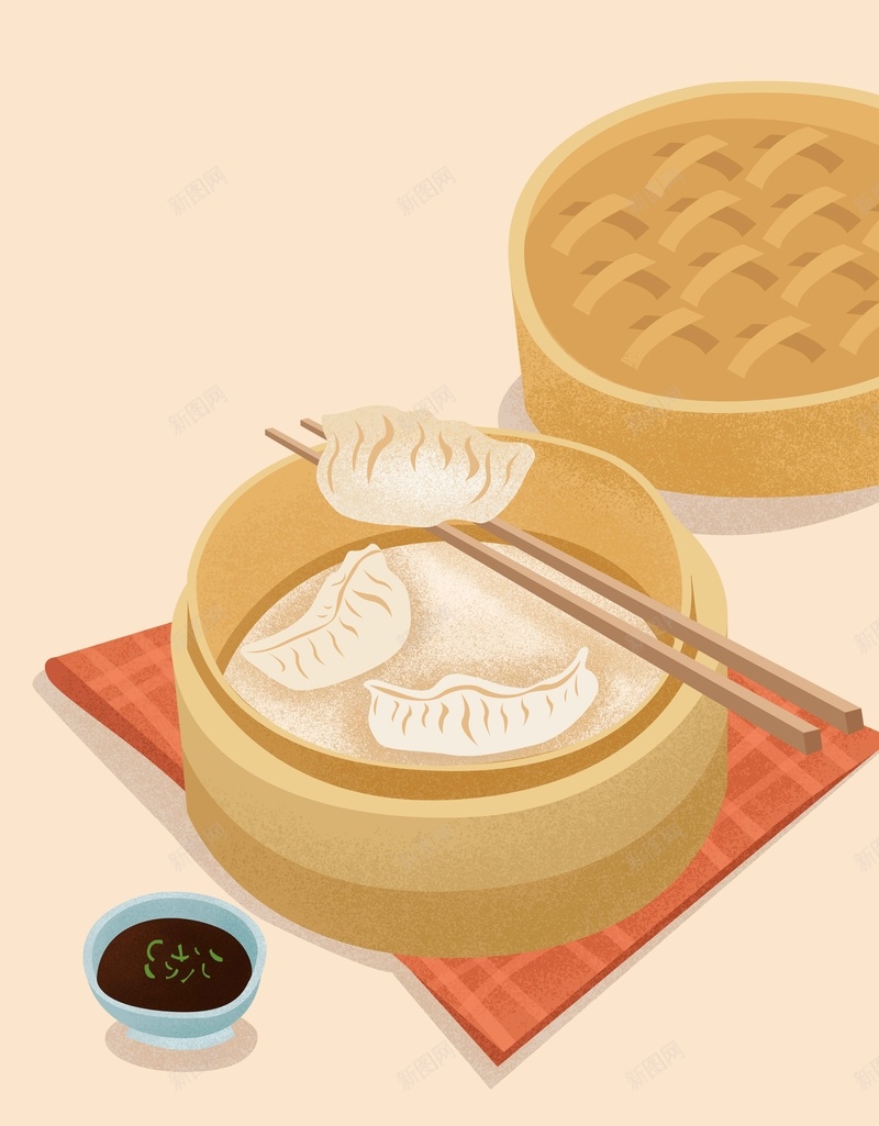 美食暖色清新饺子插画psd设计背景_88icon https://88icon.com 原创插画 插画 美食 蒸笼 饺子 蒸饺 饺子插画 传统美食 中国美食 冬至 醋