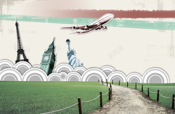 清新手绘著名建筑旅游海报背景素材背景