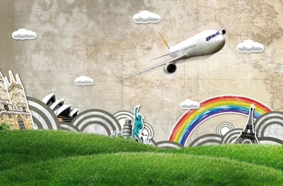 手绘彩虹背景飞机起飞的现代科技图片背景