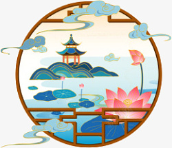 中国古典风窗户与江南荷塘素材