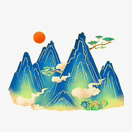 国潮风手绘描边山体png免抠素材_88icon https://88icon.com 国潮风 蓝色山体 祥云 免扣