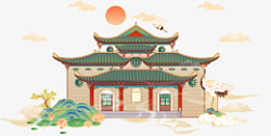 中国风礼堂建筑插画素材