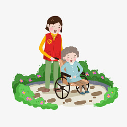 推轮椅卡通志愿者服务帮助老年人高清图片
