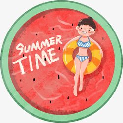 夏天卡通女孩和西瓜泳池创意组合素材