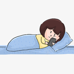 娃娃头躺在床上刷手机的卡通女孩高清图片