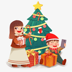 卡通手绘圣诞节树礼物盒男生女生素材