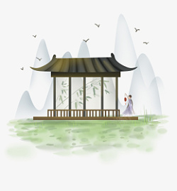 中国风亭子山水插画素材素材