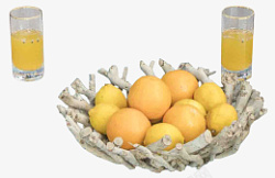 树枝果盘装着柠檬和柠檬汁桌面装饰素材