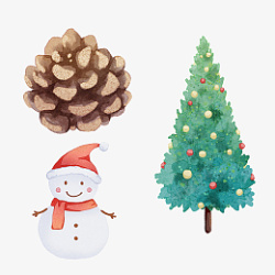 圣诞节卡通手绘雪人松果圣诞树素材