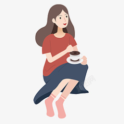 女孩坐着喝咖啡素材