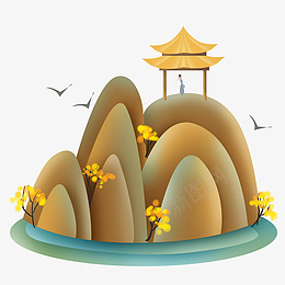 国朝金色山水凉亭插画png免抠素材_88icon https://88icon.com 亭子 山水 古风 国潮