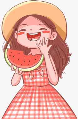夏天吃西瓜的甜美草帽女孩素材