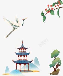 中国风仙鹤塔手绘插画素材