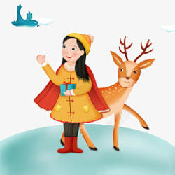 小女孩与鹿卡通手绘圣诞节鹿和小女孩高清图片