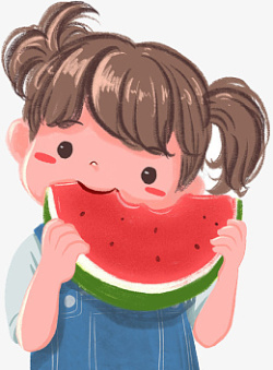 夏天吃西瓜的可爱女孩素材