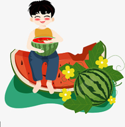 原创夏天小男孩坐在西瓜上吃西瓜素材