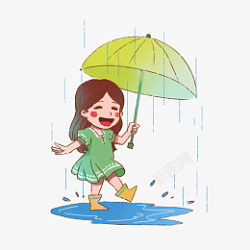 卡通女孩雨中玩耍素材