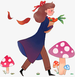 秋天女孩抱着果子走在路上素材