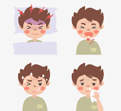 流感感冒咳嗽发烧生病的孩子男孩性格插图素材
