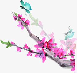 手绘精美水彩中国风玫红花朵枝条素材