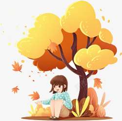 秋天节气女孩树下看枫叶素材