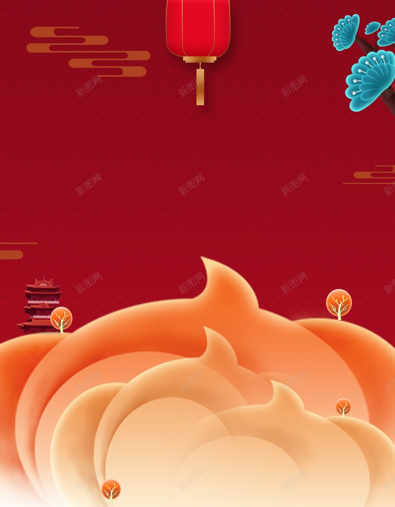 新年红色海报背景图psd设计背景_88icon https://88icon.com 云纹 喜庆背景图 塔 松柏 灯笼 祥云 红色海报 背景图