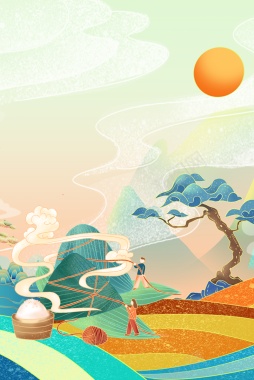 端午节粽子太阳手绘人物祥云背景