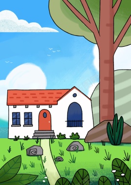 儿童画小房子大树蓝天背景