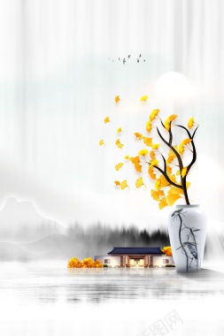 秋天秋分花瓶树枝树叶房屋背景