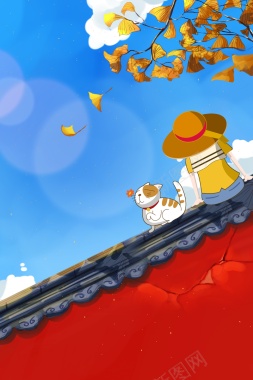 秋天背景手绘人物树枝屋檐猫背景