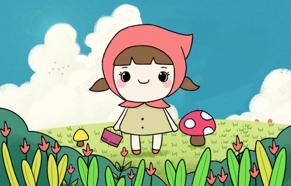 儿童画女孩蘑菇蓝天背景
